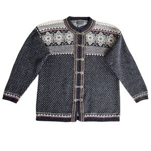 Squaw Valley 100% Wool Nordic Fair Isle Pewter Clasp Cardigan Sweater Sz Medium